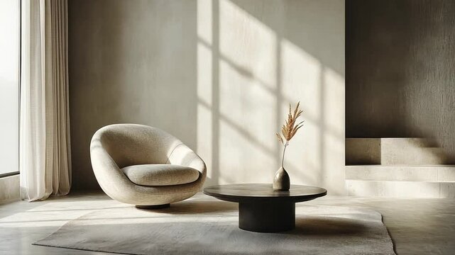 A minimalist living room with muted color tones, featuring a single elegant armchair and a simple coffee table, embodying quiet luxury and understated elegance.