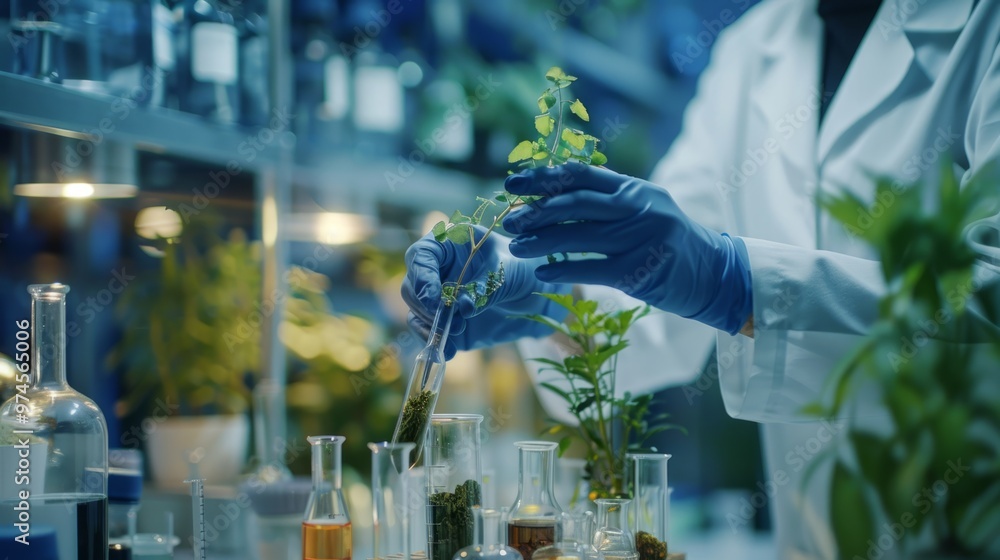 Poster a scientist is working with plants in a lab, wearing a lab coat and gloves