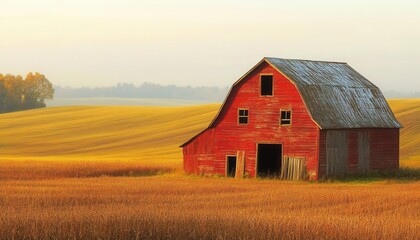Rustic barn with faded red paint, set against a backdrop of golden fields, epitomizing the enduring beauty of country life.