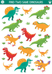 Find two same dinosaurs. Prehistoric matching activity for children. Dino land educational quiz worksheet for kids with ancient animals. Printable game with cute T-rex, velociraptor