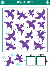 Dinosaur logic game with up and down concept for kids. I spy searching, counting activity with ancient animal. Prehistoric printable space orientation worksheet for preschool children with pterosaur