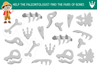 Find pair of dinosaur bones. Prehistoric matching activity for children. Dino land educational quiz worksheet for kids for attention skills. Printable game with cute ancient animal skeleton © Lexi Claus