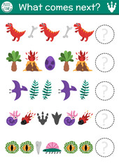 What comes next. Dinosaur logical activity for preschool children with T-rex, egg, volcano, pterosaur, eye, meteorite. Prehistoric logic succession worksheet. Dino land continue the row game