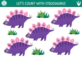 Counting game with cute stegosaur and numbers on his bony plates. Dinosaur math addition activity for preschool kids. Simple prehistoric dino land printable counting worksheet with ancient animal © Lexi Claus