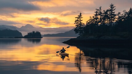 Serene Dawn Paddle, a solitary kayaker gliding through calm waters, surrounded by gentle waves and soft morning light, embracing the tranquility of a coastal inlet.