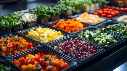 Fototapeta premium A vibrant salad bar illuminated brightly with diverse vegetables and organized trays, presenting fresh, healthy meal options in an appetizing display of high-contrast colors in a restaurant setting.