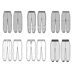 Technical flat sketch set of loose-fit jogger pants. Sports sweatpants featuring an elasticated waistband and drawstring. Tracksuit pants, relaxed pull-on style.