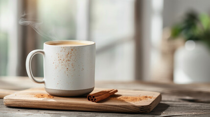 A steaming cup of coffee sits on wooden board, accompanied by cinnamon sticks and sprinkle of cinnamon. warm ambiance creates cozy atmosphere perfect for relaxation.