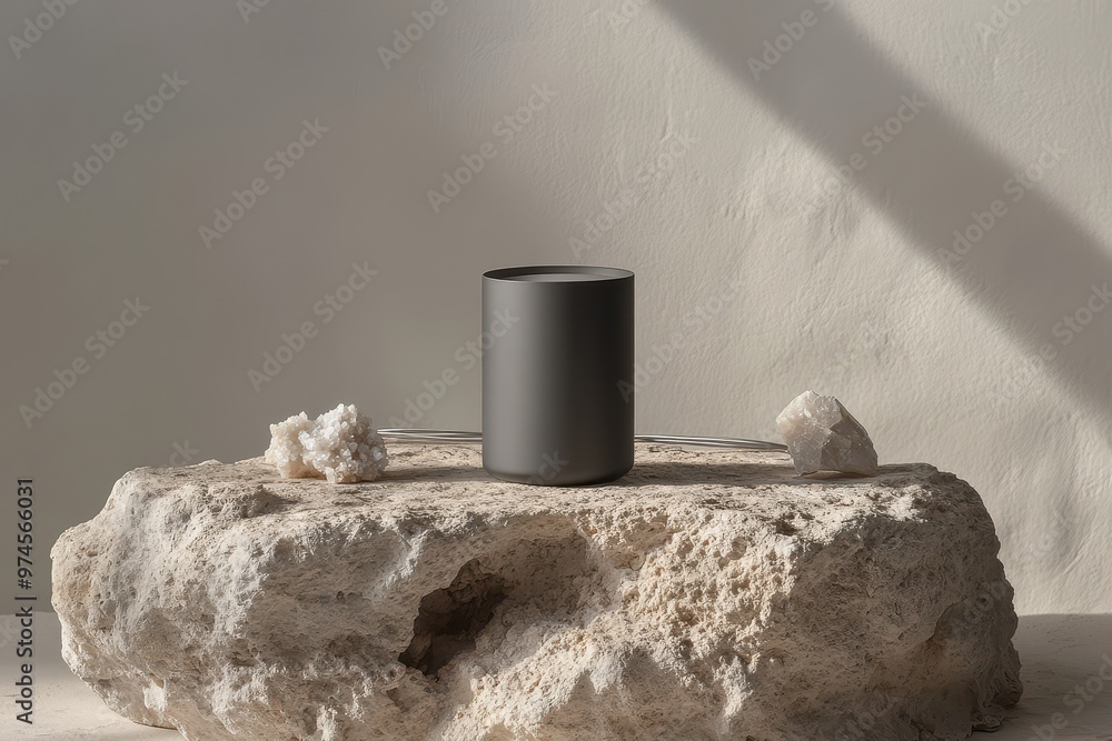 Poster a minimalist scene featuring a black container on a textured stone surface with crystals.