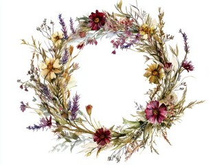 A beautiful floral wreath featuring colorful blossoms and delicate leaves, perfect for decoration or crafting.