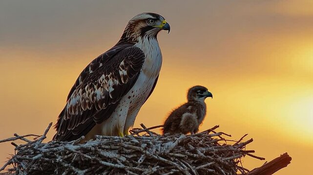 A majestic shot of a hawk and its chick in their nest, capturing the protective bond in the wild, set against a sky at dusk.