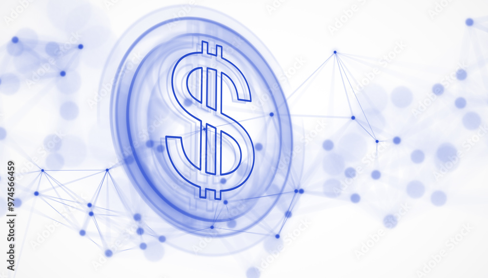 Poster Digital dollar symbol in blue with connected dots and lines on a light background. Concept of modern technology and financial connectivity. 3D Rendering
