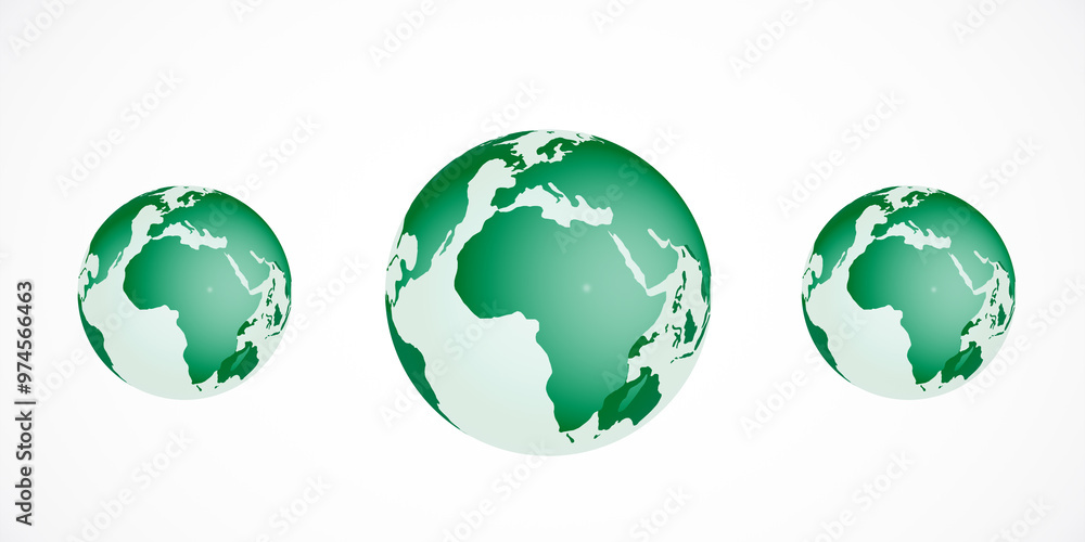 Poster Three green globes displaying continents on a white background. The globes are arranged in a row, emphasizing global connectivity. 3D Rendering
