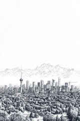 Almaty, Kazakhstan, black and white pen pencil hand-drawn effect portrait drawing illustration for travel poster, card, wallpaper, backdrop or banner. Modern, clear, artistic and simple