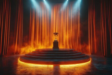 elegant awards ceremony stage golden trophy on sleek pedestal shimmering curtain backdrop dramatic spotlight atmosphere of anticipation and achievement