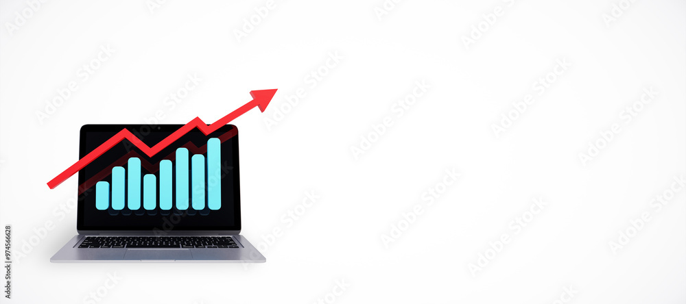Poster Laptop with upward trend graph on screen, placed on a white background with ample copy space. Concept of business growth and technology. 3D Rendering