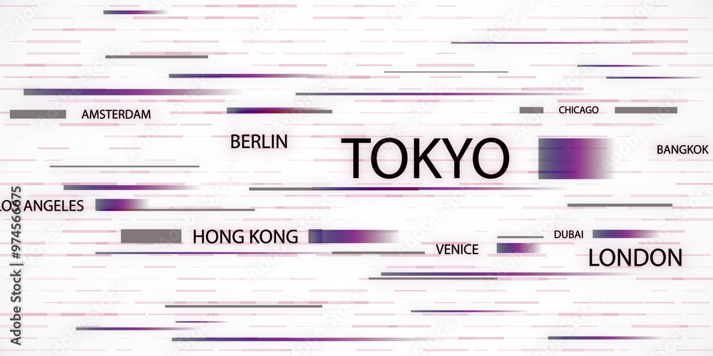 Poster city names such as tokyo, london, and berlin with dynamic lines on a white background. concept of gl