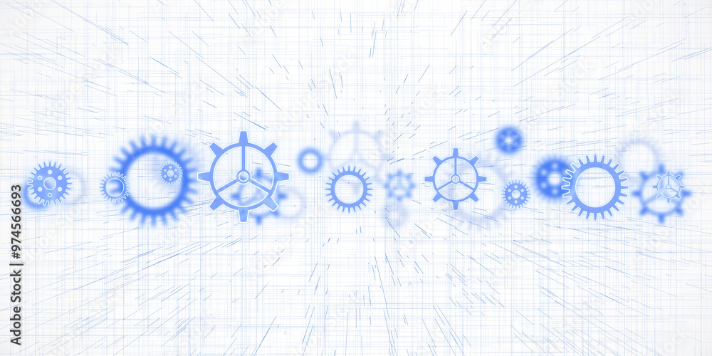 Poster Multiple blue gears on a white background, symbolizing interconnected mechanisms and processes. Light background. Concept of technology. 3D Rendering