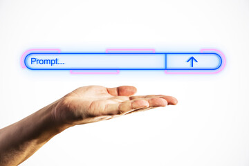 A hand presenting a neon search prompt bar on a white background, representing technology,...