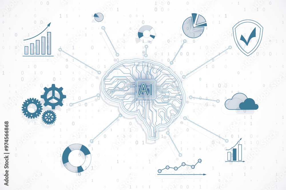 Leinwandbilder Image showing an AI brain with business and technology icons like graphs and gears on a light background, illustrating AI concepts. 3D Rendering
