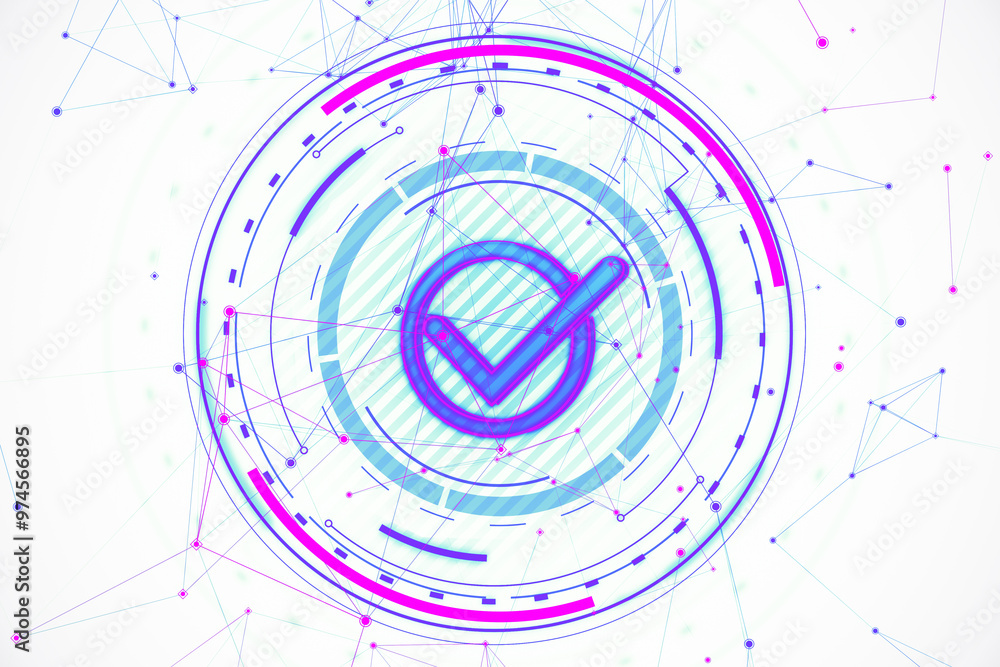 Poster Abstract digital checkmark symbol with geometric shapes and connecting lines on a light background. Concept of technology and approval. 3D Rendering