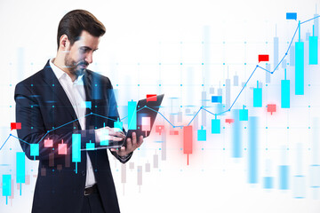 Man in business attire using a laptop, with stock market graph overlay. Modern graphic style on white background. Concept of financial analysis and technology