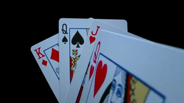 Poker Chips And Card Royal Flush Hearts, Isolated Black Background, Super Slow Motion, 4k Video