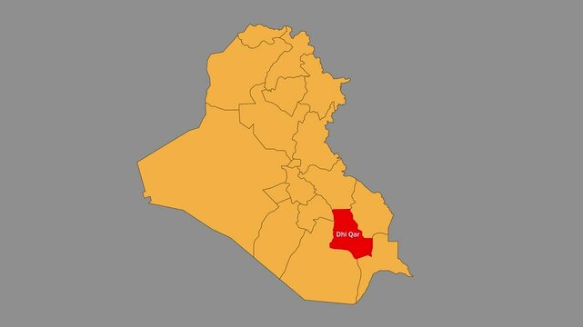 Dhi Qar map animated video. The location is highlighted on the Iraq map. Colour map with Gray background in video format.