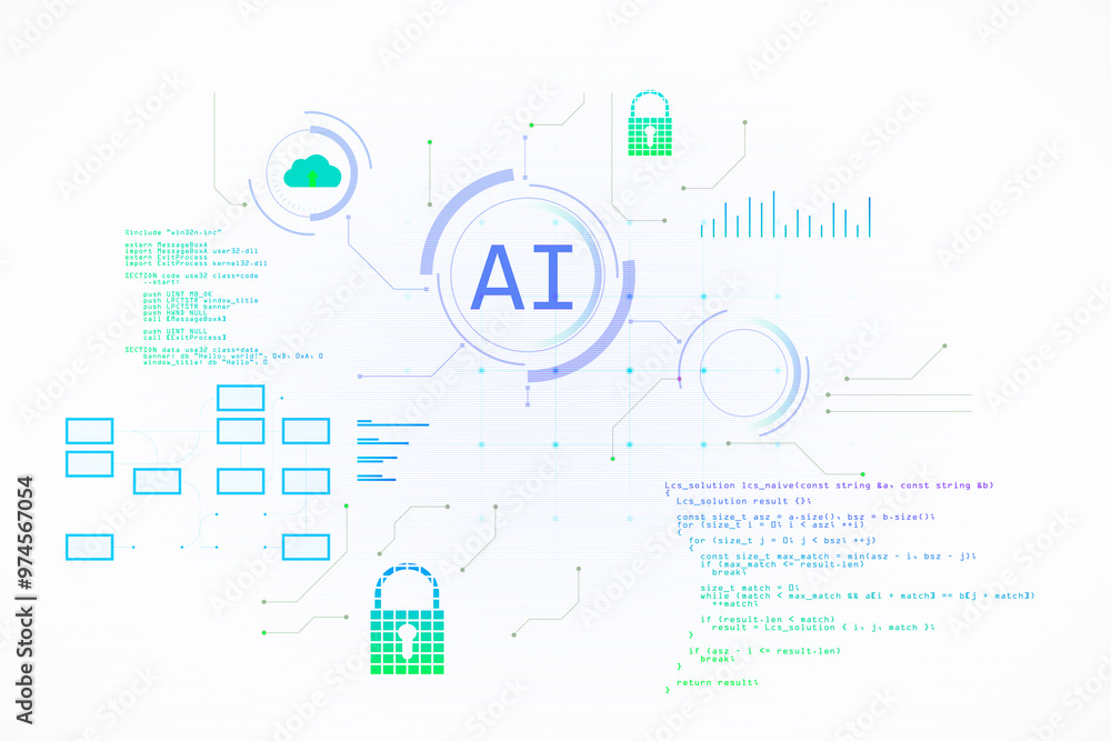 Poster Artificial Intelligence technology concept with circuit elements and code on white background. 3D Rendering