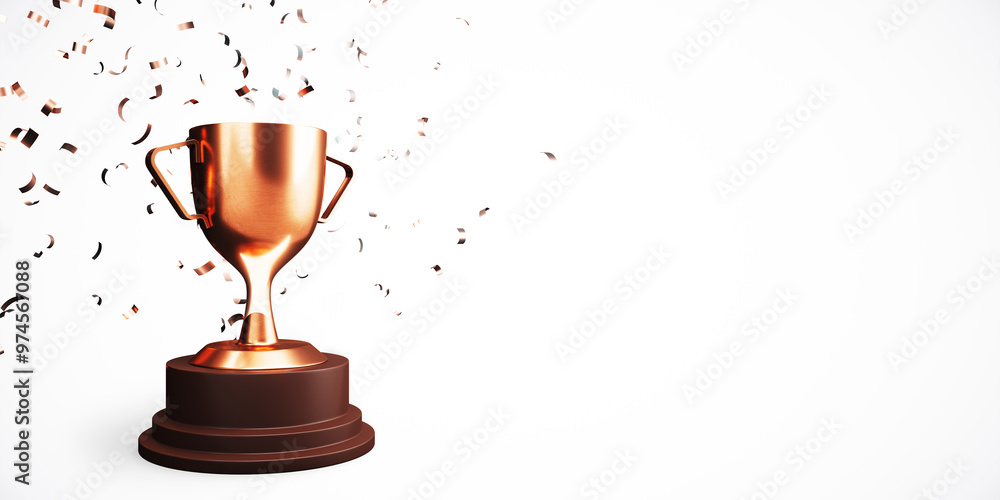 Poster bronze trophy with confetti on a white background. 3d rendering