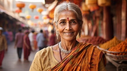 Obraz premium An elderly Indian woman stands in the bazaar with vegetables and fruits. 