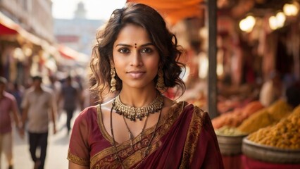 Fototapeta premium Portrait happy woman in traditional Indian attire, standing in marketplace with blurred background, depicting cultural and ethnic diversity 