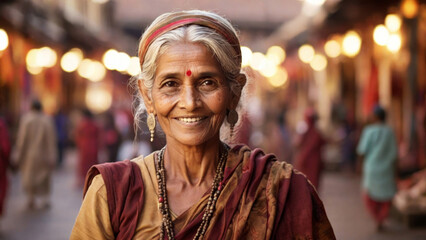 Obraz premium An elderly Indian woman stands in the bazaar with vegetables and fruits. 
