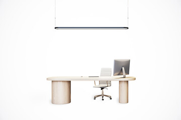 Modern minimalist office desk with computer and chair on white background. 3D Rendering