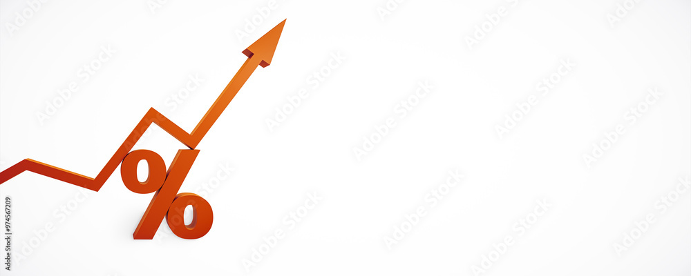 Aufkleber Orange percentage symbol with arrow pointing upwards on white background. 3D Rendering