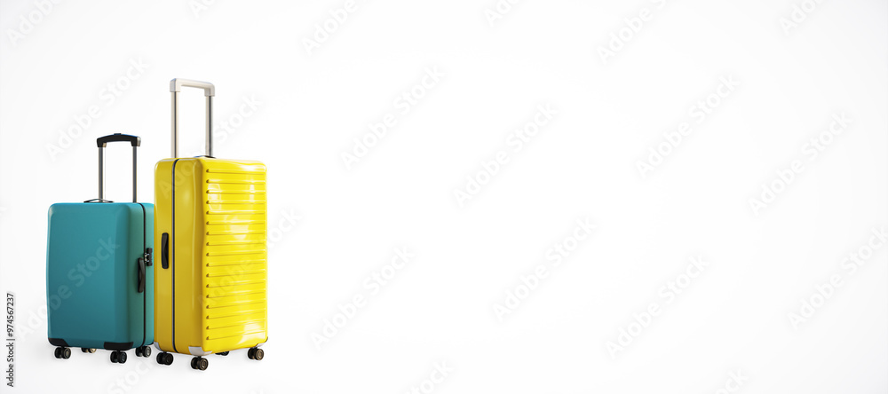 Poster two colorful suitcases on a white background. 3d rendering
