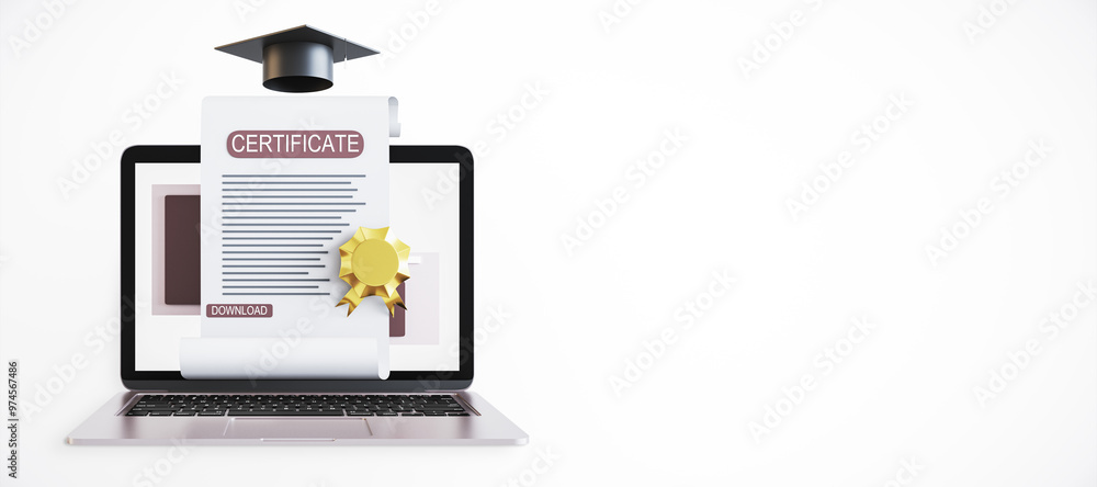 Poster Digital Certificate on Laptop with Graduation Cap on White Background. 3D Rendering
