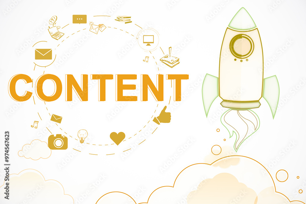 Aufkleber content marketing concept with rocket and icons on white background. 3d rendering