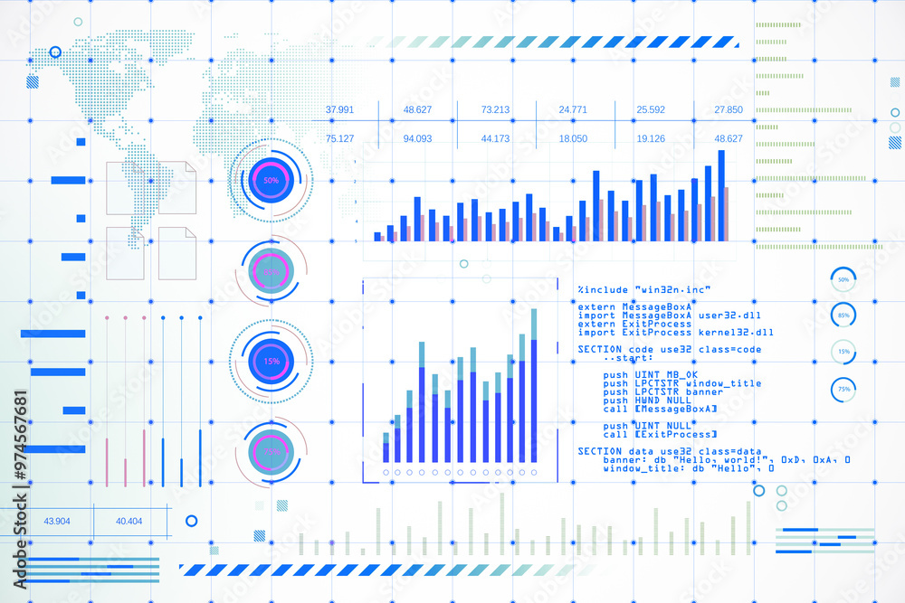 Poster Digital data visualization with charts and graphs on white background. 3D Rendering
