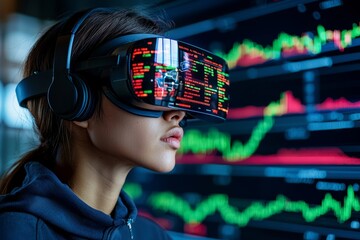 A young woman explores virtual reality with advanced headset in front of digital financial data and graphs.