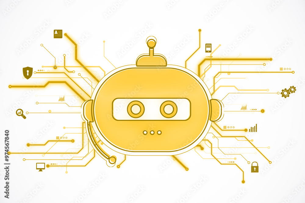 Poster Yellow robotic face with technology icons on a white background. 3D Rendering