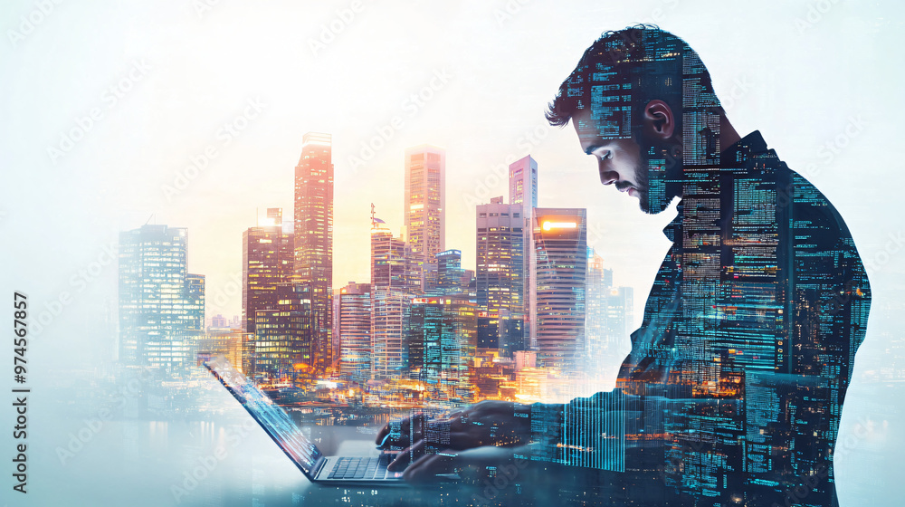 Poster software developer using a laptop with a double exposure cityscape effect