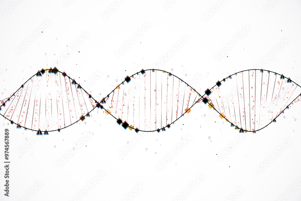 Poster Abstract DNA Double Helix with Digital Elements on White Background. 3D Rendering