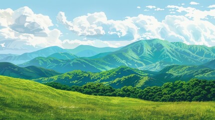 Fototapeta premium Green Mountain Landscape with Blue Sky and Clouds