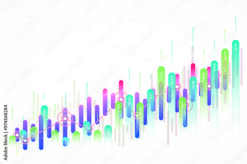 Fototapete colorful bar graph with line chart on a white background. 3d rendering