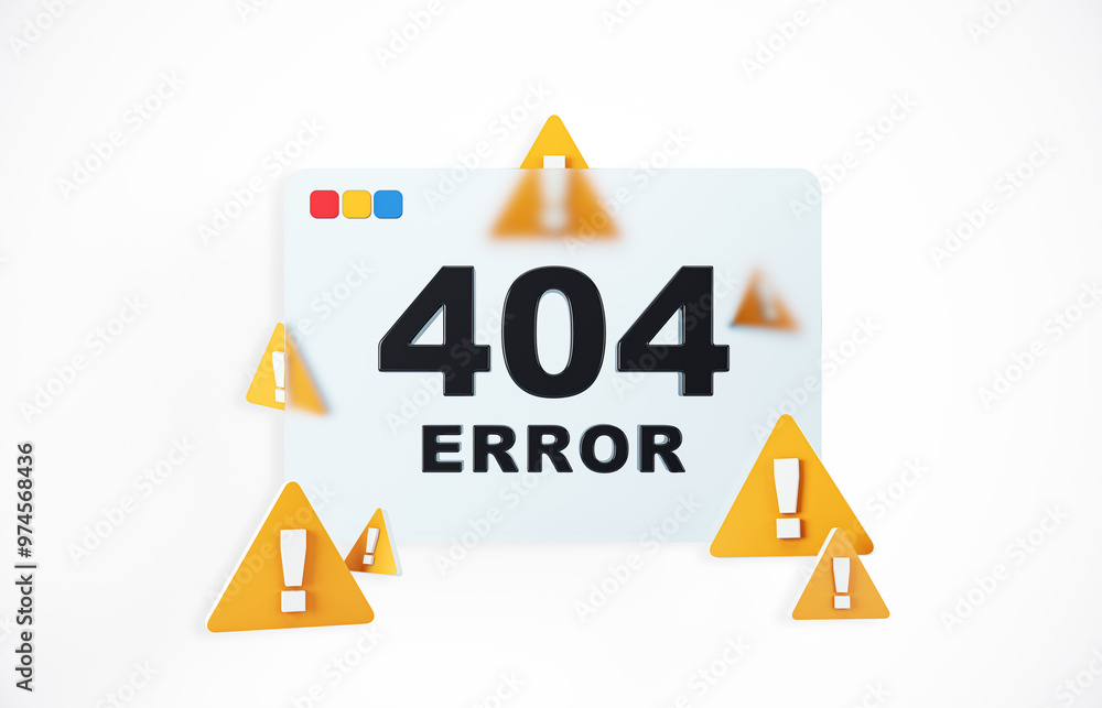 Poster 404 Error Page with Yellow Warning Signs on White Background. 3D Rendering