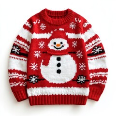 Festive red sweater featuring a cheerful snowman design, perfect for holiday celebrations and winter gatherings.