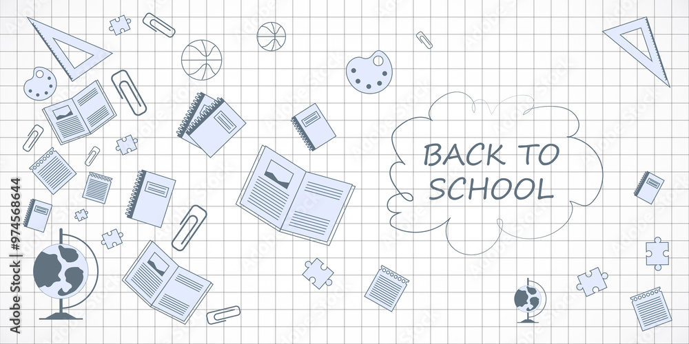 Poster Back to School Concept with Stationery Icons on Grid Background. 3D Rendering