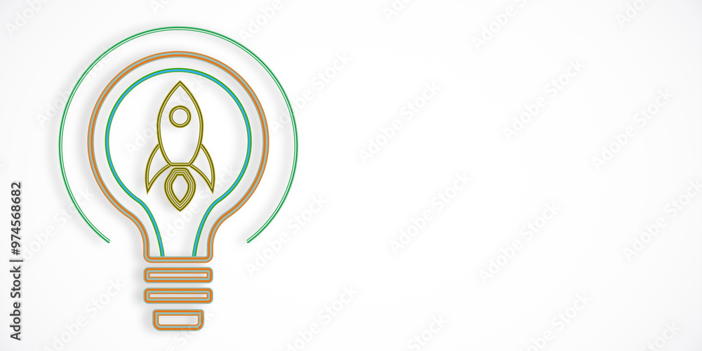 Poster Lightbulb outline with rocket concept on white background. 3D Rendering