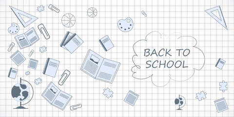 Back to School Concept with Stationery Icons on Grid Background. 3D Rendering
